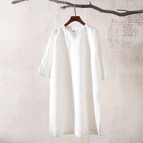 Women Linen and Cotton V-neck Loose Dress Style Long Section T-shirts