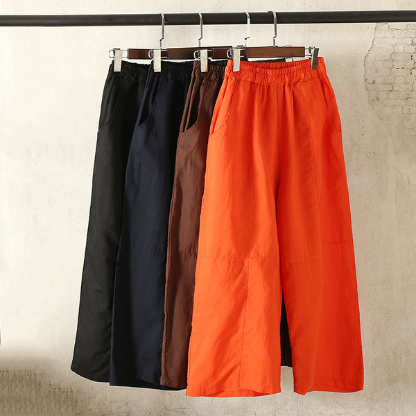Women Leisure Pure Color Wide Leg Linen and Cotton Pants