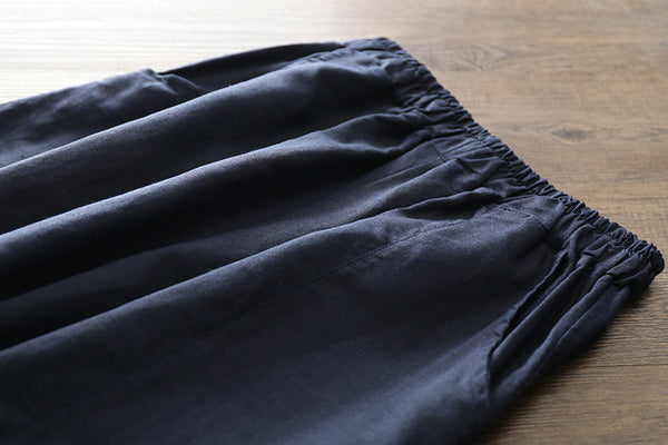 Women Leisure Pure Color Wide Leg Linen and Cotton Pants