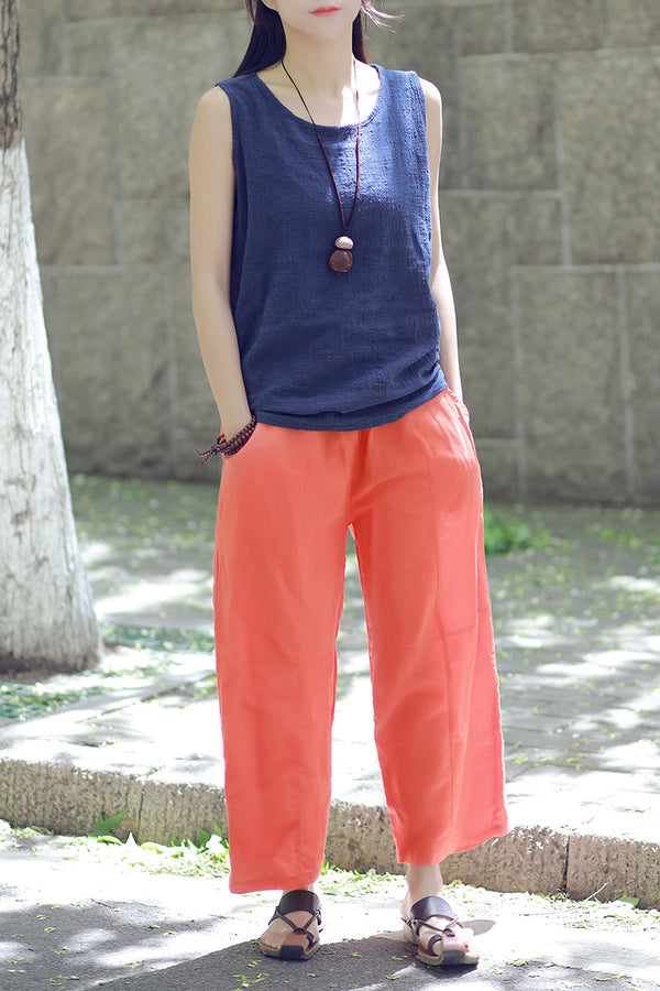 Women Leisure Pure Color Wide Leg Linen and Cotton Pants