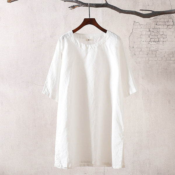 New Style art Pure Color Round Neck Women Linen and Cotton Long T-shirt