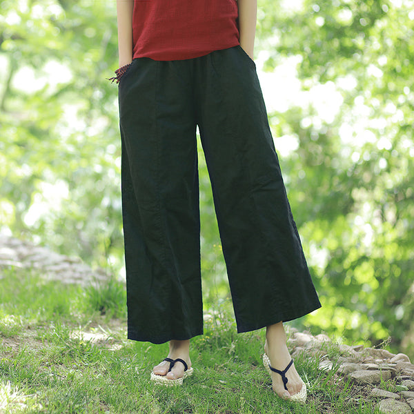 Women Leisure Pure Color Wide Leg Linen and Cotton Pants