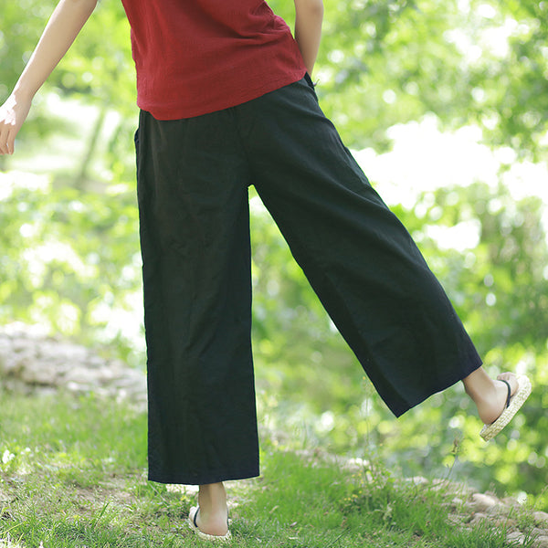 Women Leisure Pure Color Wide Leg Linen and Cotton Pants