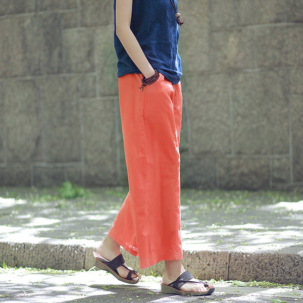 Women Leisure Pure Color Wide Leg Linen and Cotton Pants