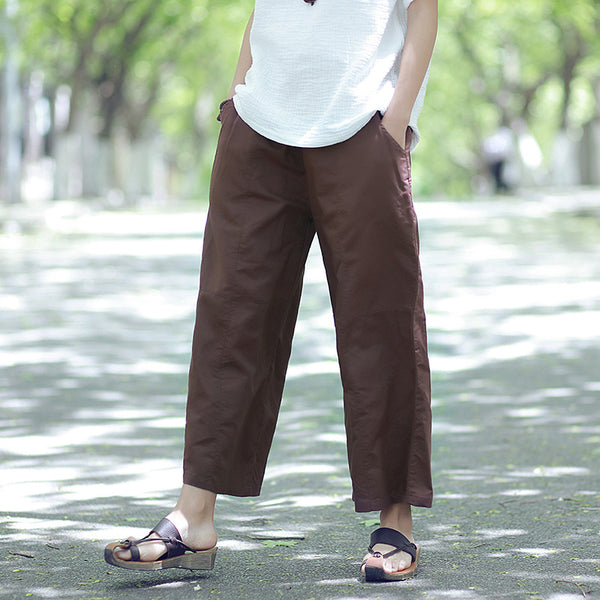 Women Leisure Pure Color Wide Leg Linen and Cotton Pants
