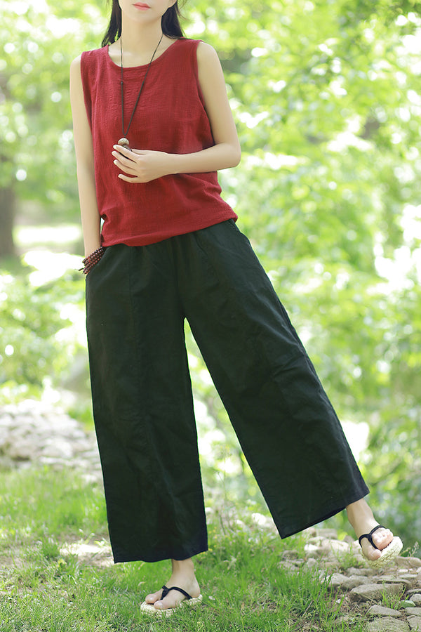Women Leisure Pure Color Wide Leg Linen and Cotton Pants