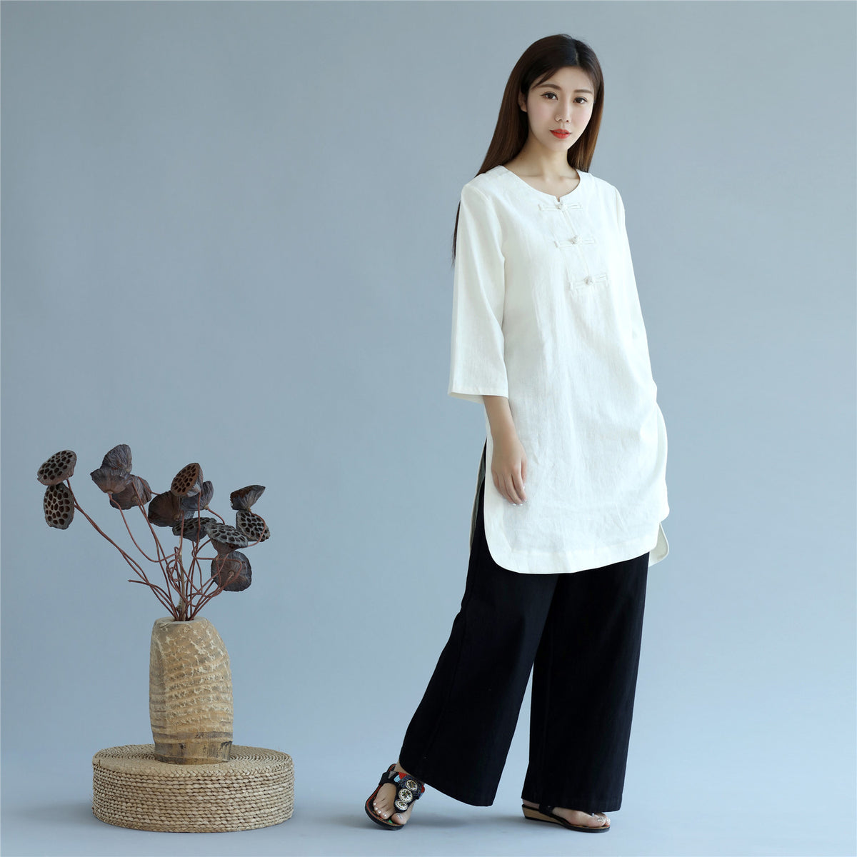 Women Retro Pure Color Three-Quarter Sleeve Above Knee Dress Type Tunic