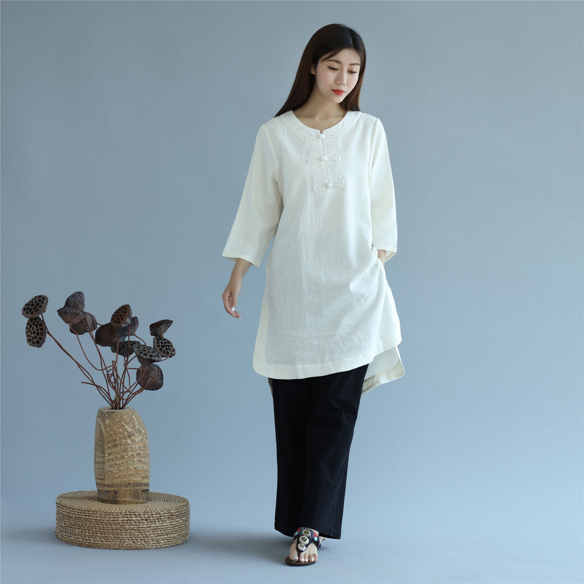 Women Retro Pure Color Three-Quarter Sleeve Above Knee Dress Type Tunic