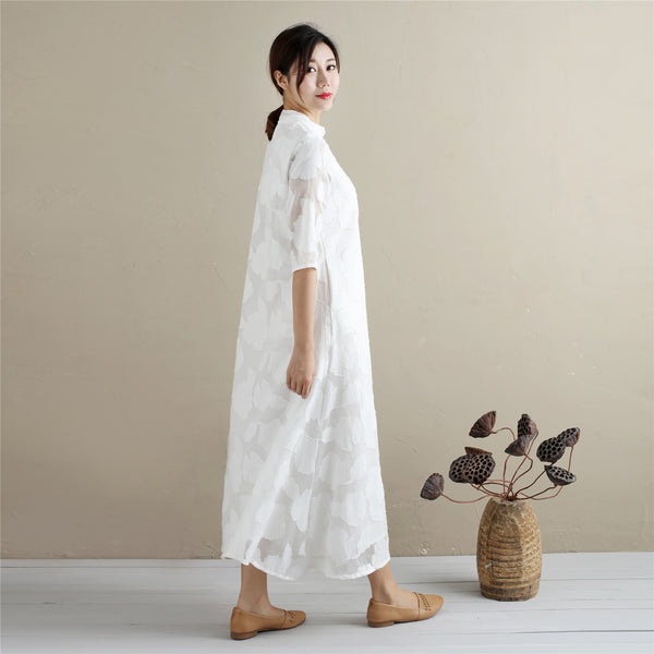 Women Eastern Style Linen and Cotton Tea Length Zen Dress