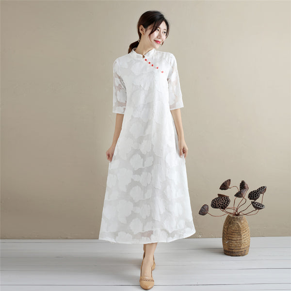 Women Eastern Style Linen and Cotton Tea Length Zen Dress
