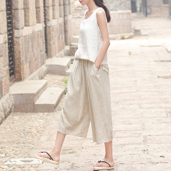 Women Loose Casual Wide Leg Cropped Capri