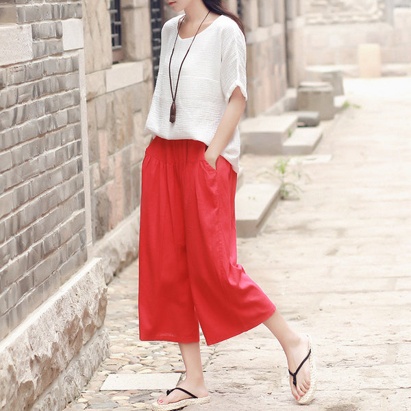 Women Loose Casual Wide Leg Cropped Capri