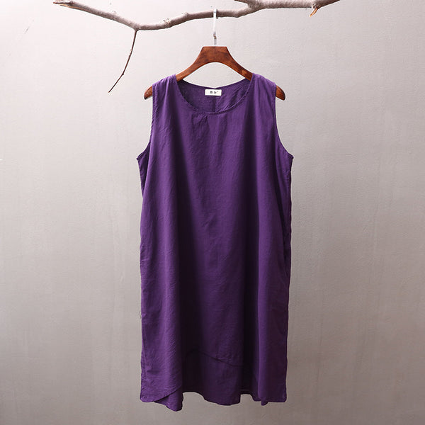 Women Simple Pure Color Thin Light Knee Length Linen and Cotton Sleeveless Dress