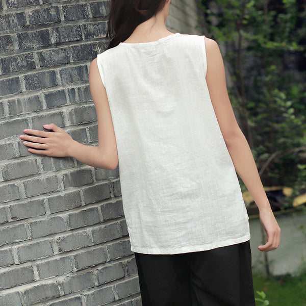 Casual Loose Women Cotton and Linen Sleeveless Blouses