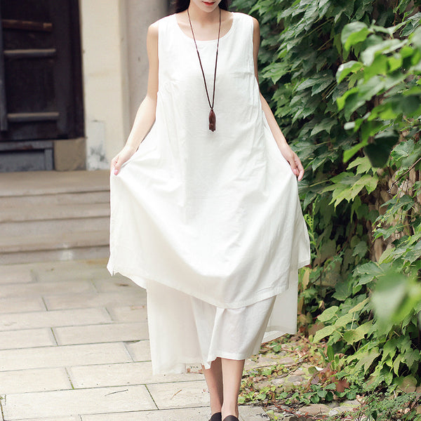 Women Loose Large Size Cotton and Linen Sleeveless dress