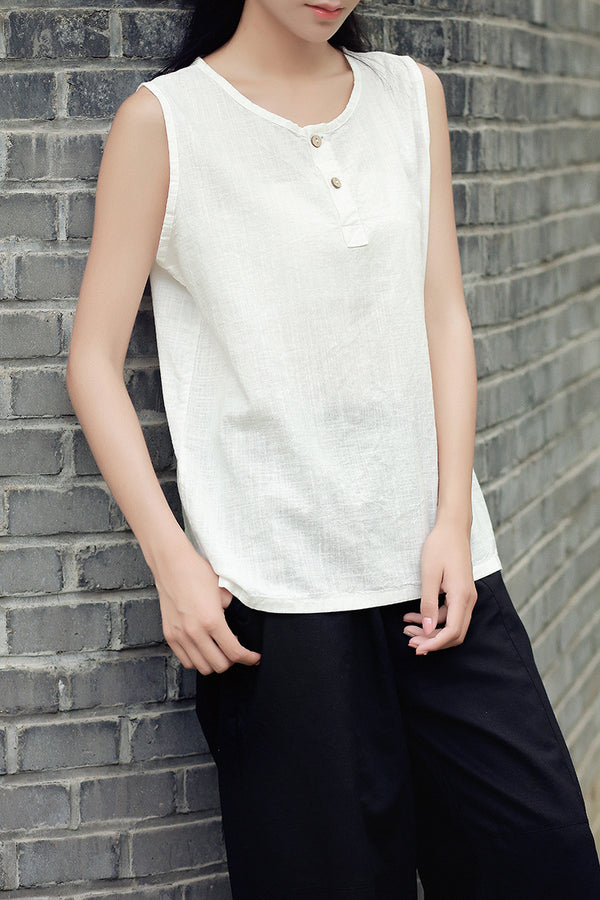 Casual Loose Women Cotton and Linen Sleeveless Blouses
