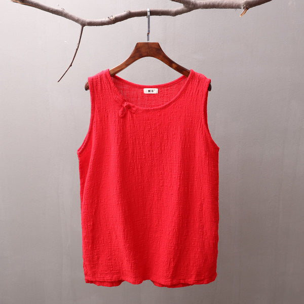 Women cotton and linen t-shirt – Pure Color Retro Buckle Loose Collar sleeveless blouses