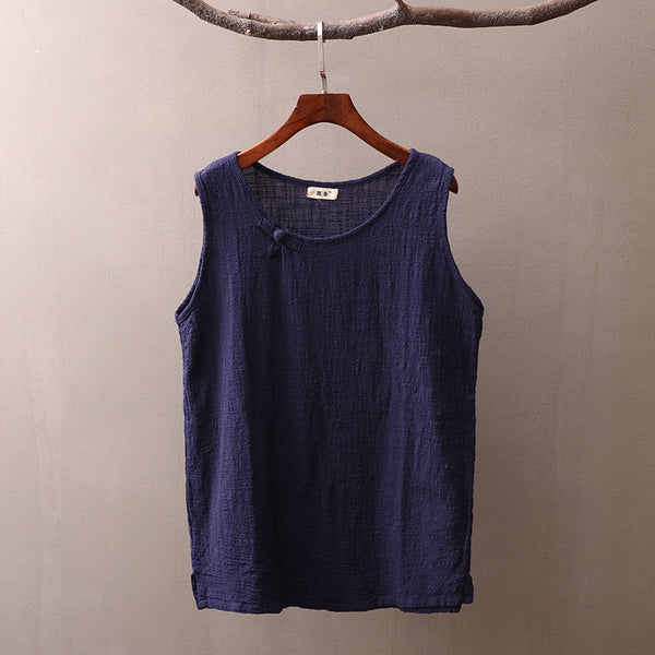 Women cotton and linen t-shirt – Pure Color Retro Buckle Loose Collar sleeveless blouses