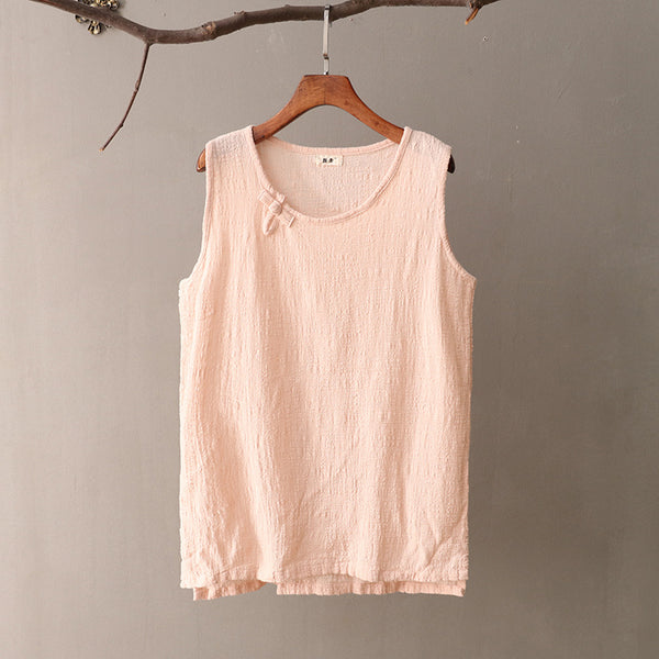 Women cotton and linen t-shirt – Pure Color Retro Buckle Loose Collar sleeveless blouses