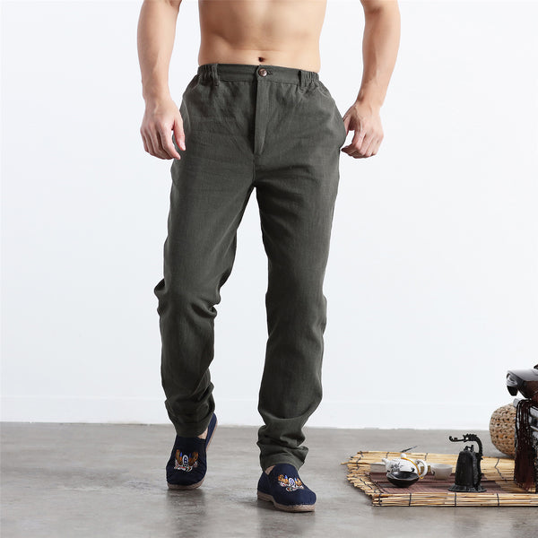 Men Pure Color Cotton and Linen Straight Type Jogger Pants