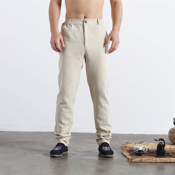 Men Pure Color Cotton and Linen Straight Type Jogger Pants