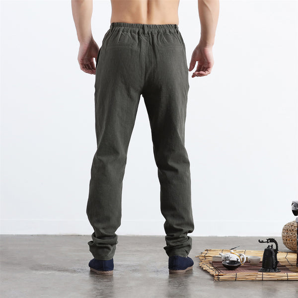 Men Pure Color Cotton and Linen Straight Type Jogger Pants