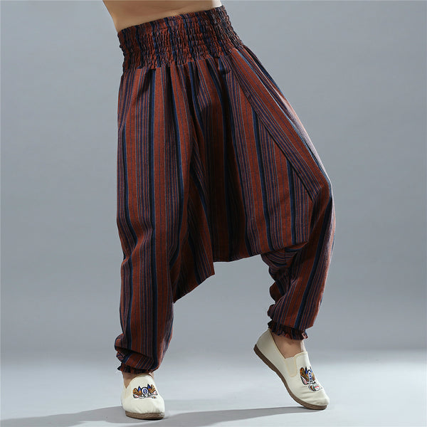 Men Casual Loose Stripe Patterned Cotton and Linen Hanging Crotch Pants