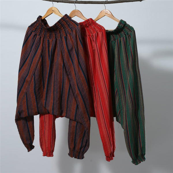 Women Loose Stripe Patterned Cotton and Linen Hanging Crotch Pants