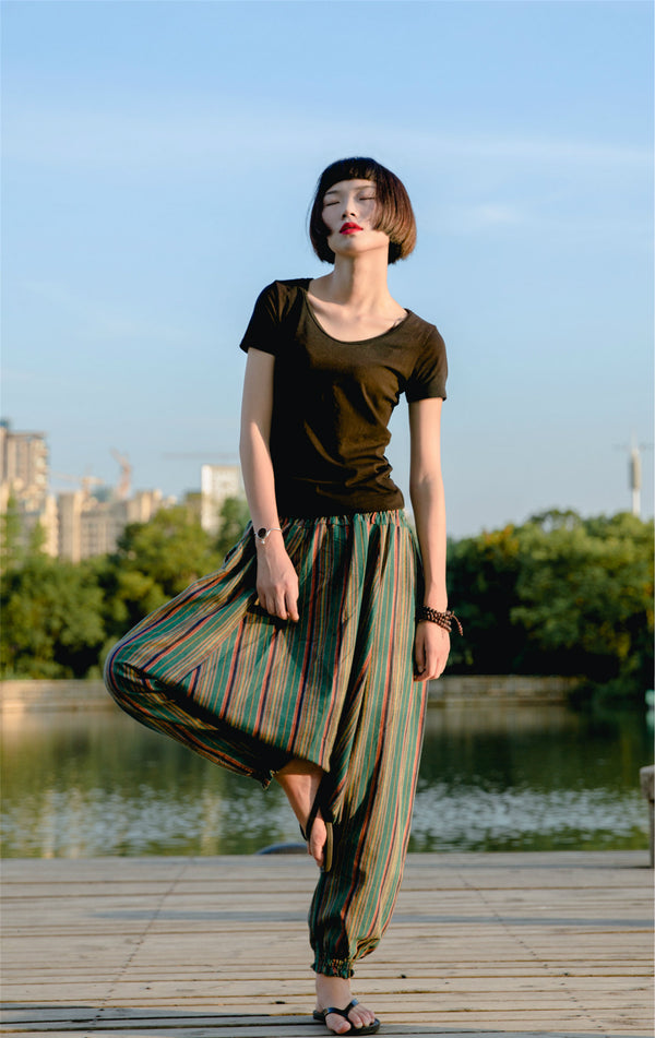 Women Loose Stripe Patterned Cotton and Linen Hanging Crotch Pants