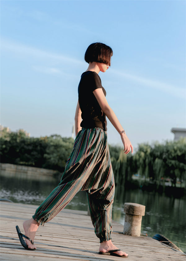 Women Loose Stripe Patterned Cotton and Linen Hanging Crotch Pants