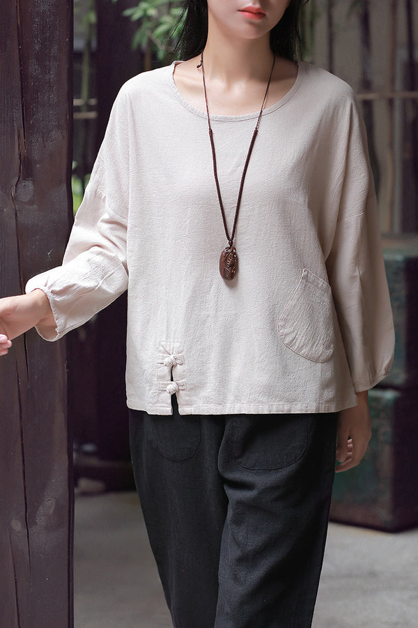 Women Casual Loose Cotton and Linen Round Neck long-sleeved T-shirt