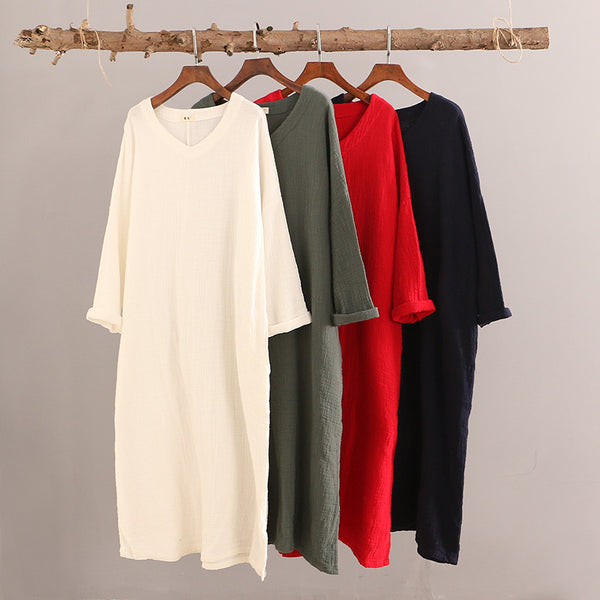 Women Retro V-neck Long-Sleeved Linen and Cotton Dress