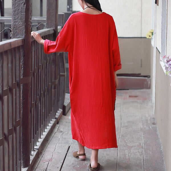 Women Retro V-neck Long-Sleeved Linen and Cotton Dress