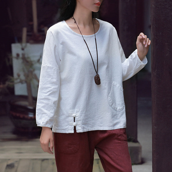 Women Casual Loose Cotton and Linen Round Neck long-sleeved T-shirt