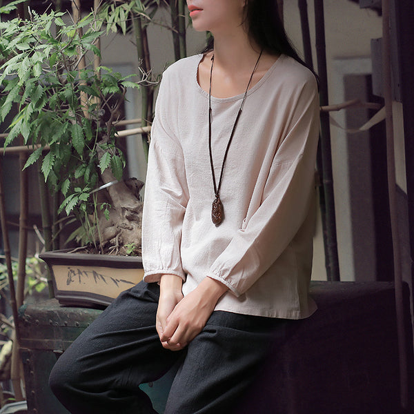 Women Casual Loose Cotton and Linen Round Neck long-sleeved T-shirt