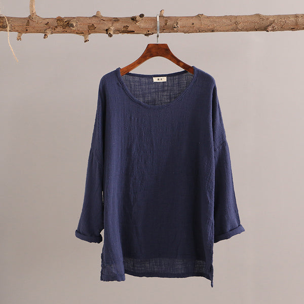 Autumn and winter cotton and linen T-Shirt – Round neck loose long-sleeved T-shirt