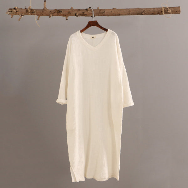 Women Retro V-neck Long-Sleeved Linen and Cotton Dress