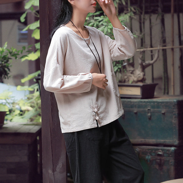 Women Casual Loose Cotton and Linen Round Neck long-sleeved T-shirt
