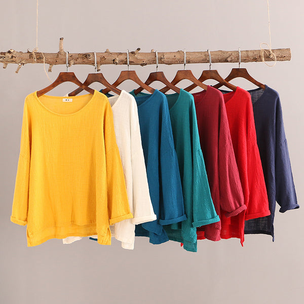 Autumn and winter cotton and linen T-Shirt – Round neck loose long-sleeved T-shirt