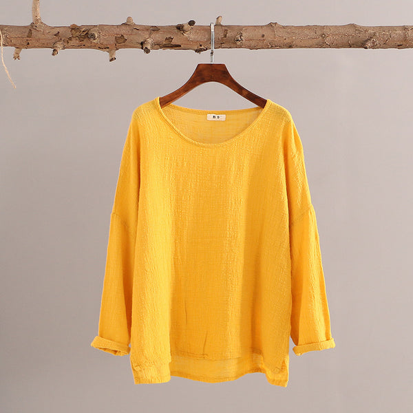 Autumn and winter cotton and linen T-Shirt – Round neck loose long-sleeved T-shirt