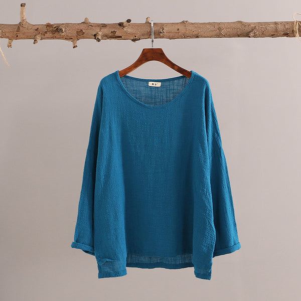 Autumn and winter cotton and linen T-Shirt – Round neck loose long-sleeved T-shirt