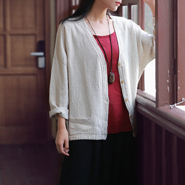 Women Casual Loose Cotton and Linen Long-sleeved Cardigan Shirt