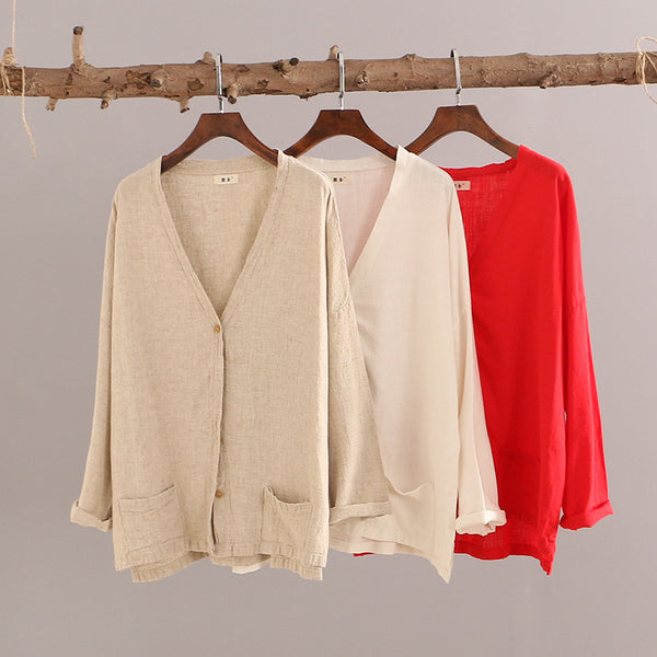 Women Casual Loose Cotton and Linen Long-sleeved Cardigan Shirt