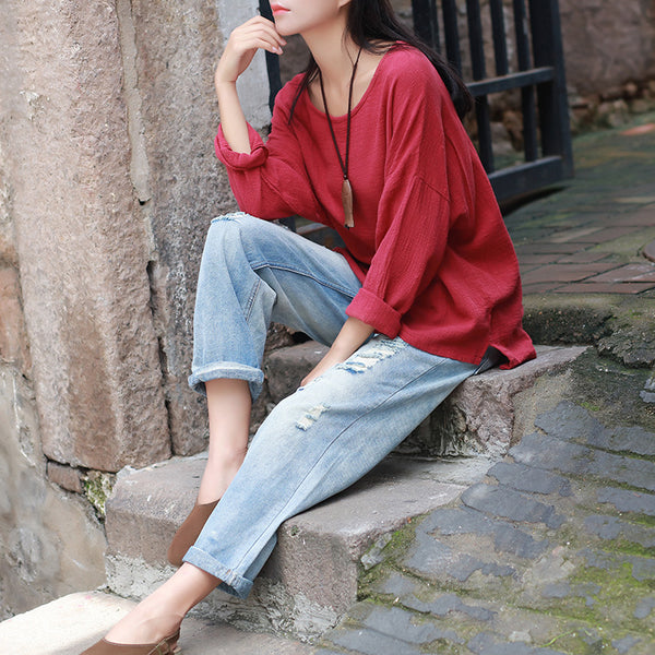 Autumn and winter cotton and linen T-Shirt – Round neck loose long-sleeved T-shirt