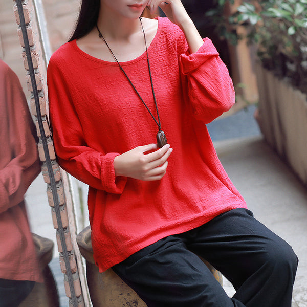 Autumn and winter cotton and linen T-Shirt – Round neck loose long-sleeved T-shirt