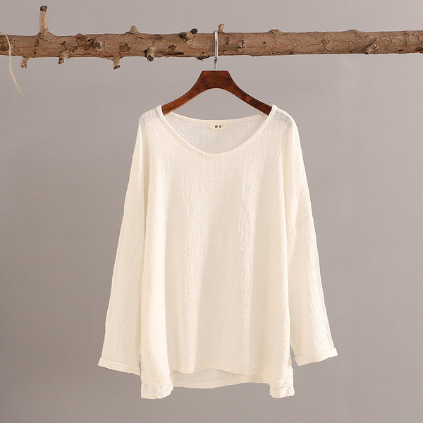 Autumn and winter cotton and linen T-Shirt – Round neck loose long-sleeved T-shirt