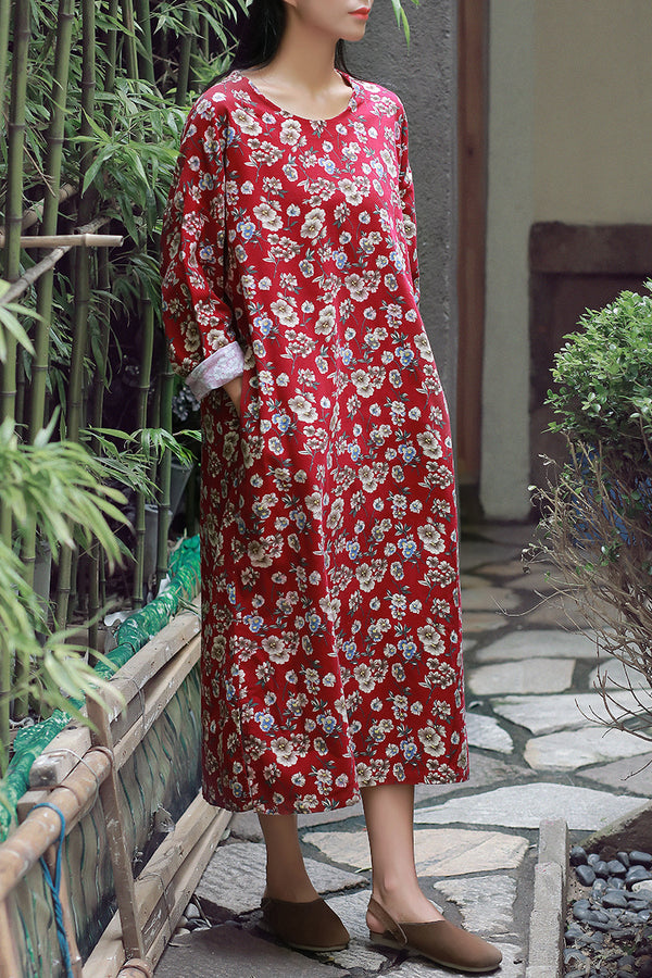 Women Retro Round Neck Printed Long Sleeves Linen and Cotton Dress