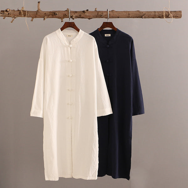 Women KungFu Style Buckle Collar Long Sleeved Linen and Cotton Cardigan Coat