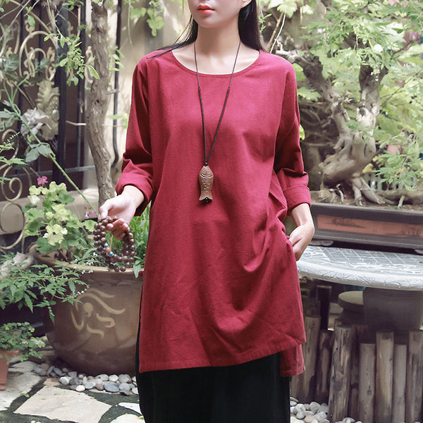 Women Modern Style Linen and Cotton Round Neck long-sleeved Tunics