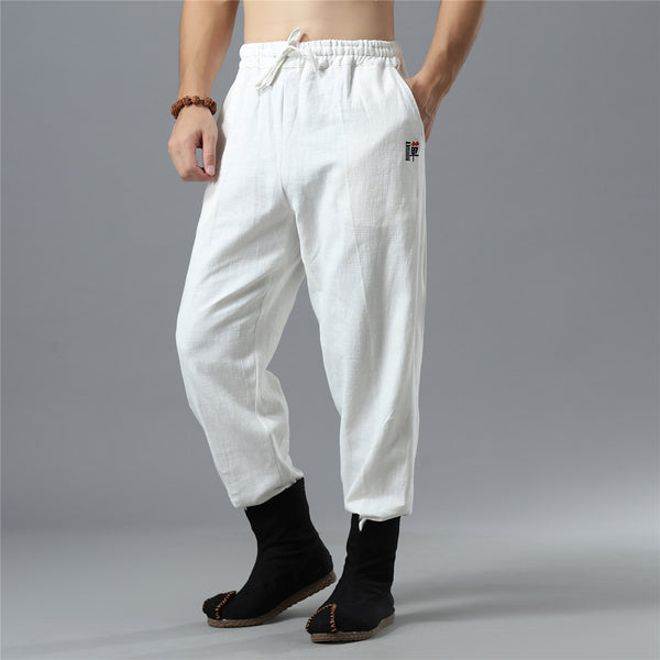 Men Causal Pure Color Cotton and Linen KungFu Jogger Pants